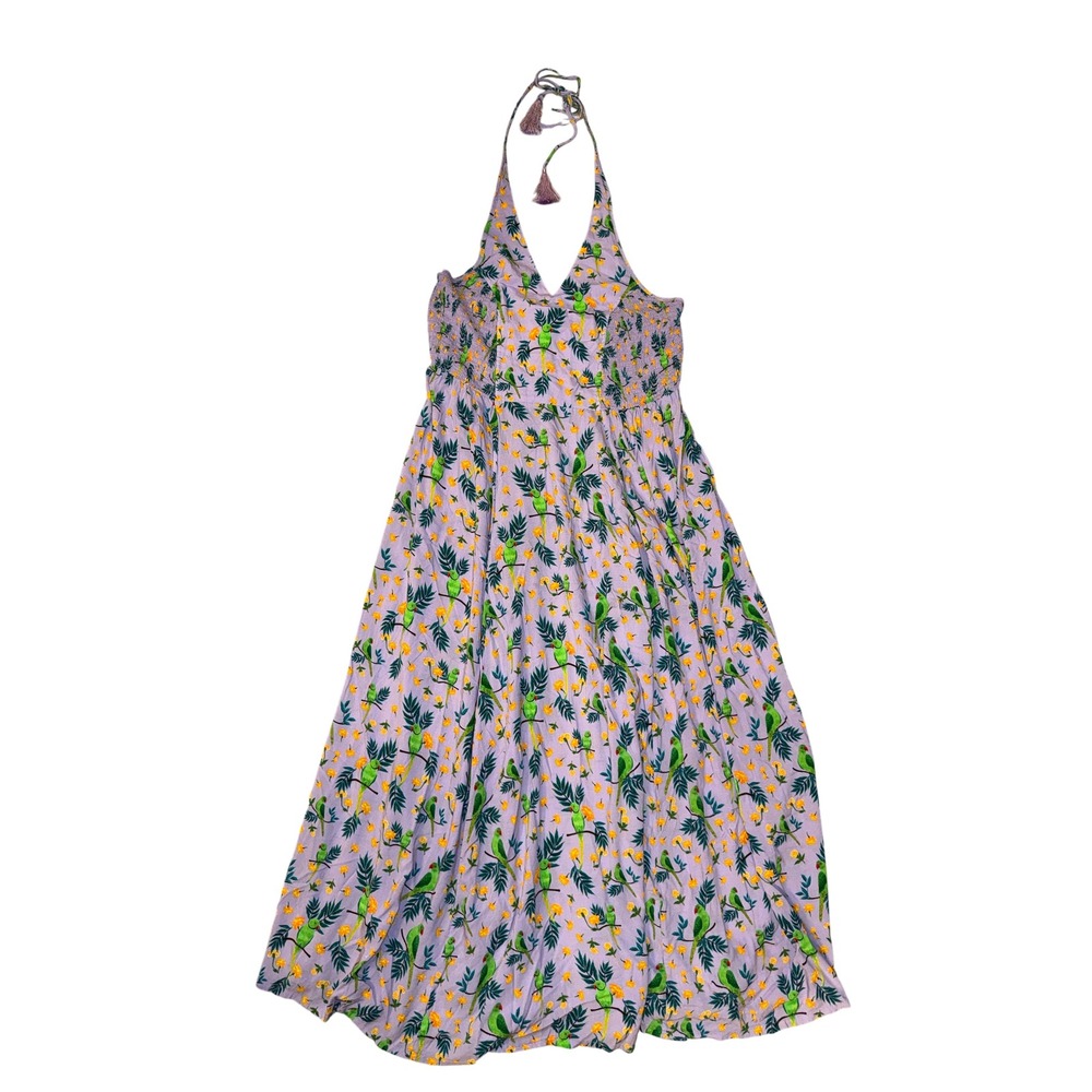 Verandah Maxi Dress Womens XXL Lilac Tropical Parrot Halter Smocked Boho